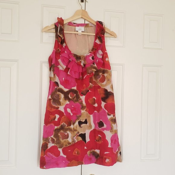 Loft Pink Floral Dress - Size XS - Sleeveless with ruffled neckline - Picture 2 of 9